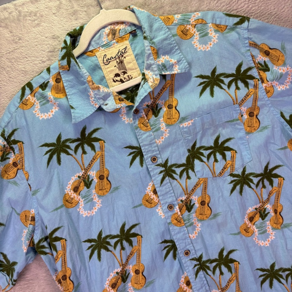 Coastal Mens Shirt Cotton Blue XL Ukulele Palm Tree Print Hawaiian Button Down - Picture 1 of 8